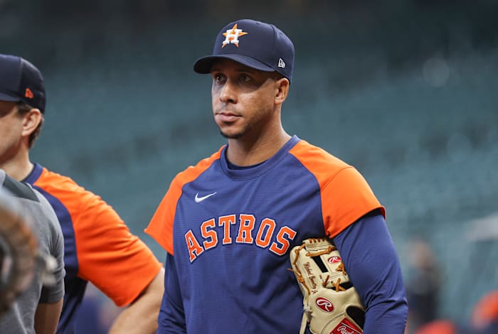 Houston Astros outfielder Michael Brantley watches during batting practice